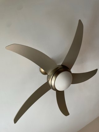 Ventilador de techo plateado  y blanco, con mando