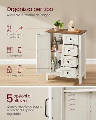 Colección LIRY - Mueble de Baño Estilo Farmhouse, Mueble con 4 Cajones, Puertas Estilo Granero, Estante Regulable, Blanco Vintage BBK753W01