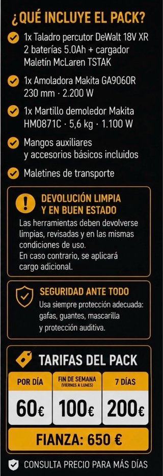 Alquiler Pack Reforma: Taladro, Amoladora, Martill