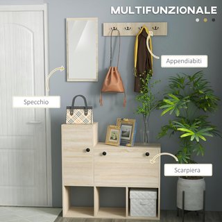 Conjunto de Muebles de Entrada 3 en 1 con Zapatero para 9 Pares de Zapatos, Perchero de Pared con 4 Ganchos, Armario y Espejo en MDF