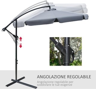 Sombrilla de Jardín 2.7X2.7M con Techo Regulable, Base Cruzada, Ventilaciones, Manivela, Sombrilla Descentrada Inclinable de Metal y Poliéster, para Patio Terraza