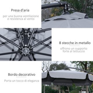 Sombrilla de Jardín 2.7X2.7M con Techo Regulable, Base Cruzada, Ventilaciones, Manivela, Sombrilla Descentrada Inclinable de Metal y Poliéster, para Patio Terraza