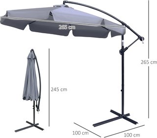 Sombrilla de Jardín 2.7X2.7M con Techo Regulable, Base Cruzada, Ventilaciones, Manivela, Sombrilla Descentrada Inclinable de Metal y Poliéster, para Patio Terraza