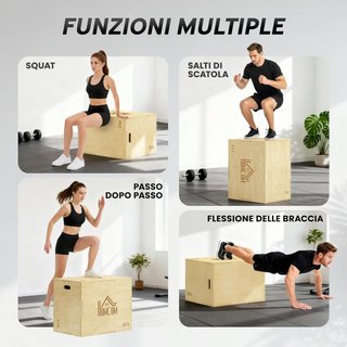 Caja de Salto a 3 Alturas Ajustables para Casa y Gimnasio, Plyo Box de Madera de Haya, Color Madera