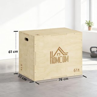 Caja de Salto a 3 Alturas Ajustables para Casa y Gimnasio, Plyo Box de Madera de Haya, Color Madera