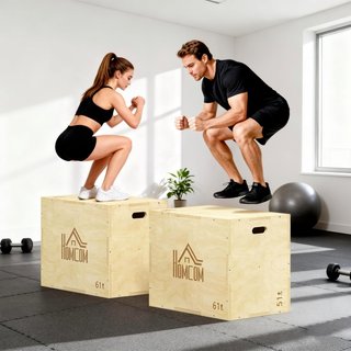 Caja de Salto a 3 Alturas Ajustables para Casa y Gimnasio, Plyo Box de Madera de Haya, Color Madera