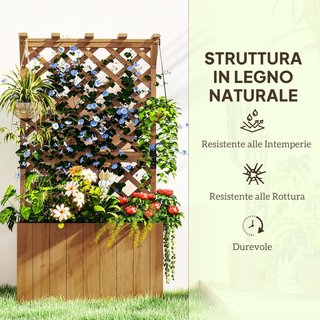 Cama Elevada para Huerto Exterior de Abeto con Enrejado, Orificios de Drenaje y Techo de Pérgola, Jardín Exterior para Plantas Trepadoras, para Flores y Verduras, 64X33X122 Cm, Color Madera