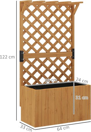 Cama Elevada para Huerto Exterior de Abeto con Enrejado, Orificios de Drenaje y Techo de Pérgola, Jardín Exterior para Plantas Trepadoras, para Flores y Verduras, 64X33X122 Cm, Color Madera