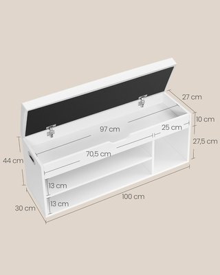 Banco Zapatero de Entrada, Banco Contenedor con Cojín Acolchado, 3 Compartimentos, Estantes, Sala de Estar, Pasillo, Dormitorio, Capacidad 136 Kg, Blanco Nube LHS130W14