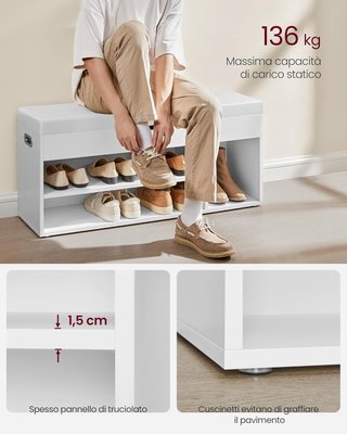 Banco Zapatero de Entrada, Banco Contenedor con Cojín Acolchado, 3 Compartimentos, Estantes, Sala de Estar, Pasillo, Dormitorio, Capacidad 136 Kg, Blanco Nube LHS130W14