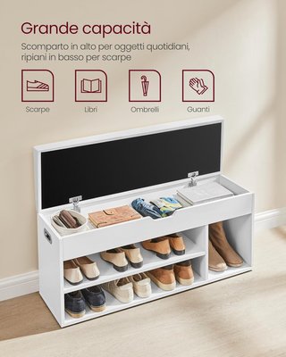 Banco Zapatero de Entrada, Banco Contenedor con Cojín Acolchado, 3 Compartimentos, Estantes, Sala de Estar, Pasillo, Dormitorio, Capacidad 136 Kg, Blanco Nube LHS130W14