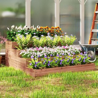 Huerto Elevado Exterior de 4 Niveles en Madera de Abeto, Jardín de Balcón con Fondo Abierto y Funda de Tela, para Plantas, Flores y Verduras, para Jardín Balcón, 113X113X46 Cm, Café Oscuro