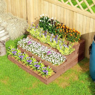 Huerto Elevado Exterior de 4 Niveles en Madera de Abeto, Jardín de Balcón con Fondo Abierto y Funda de Tela, para Plantas, Flores y Verduras, para Jardín Balcón, 113X113X46 Cm, Café Oscuro
