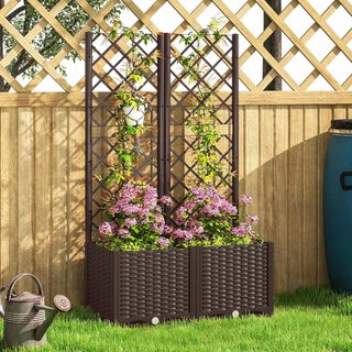 Cama Elevada para Huerto Exterior con Enrejado y 6 Orificios de Drenaje, Jardín de Exterior para Plantas Trepadoras en PP, para Flores y Verduras, para Jardín y Balcón, 80X40X135 Cm, Marrón
