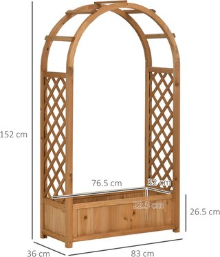 Cama para Huerto Elevado de Exterior con Rejilla y Arco Decorativo, Jardín de Exterior con Fondo Hueco para Plantas Trepadoras en Abeto, para Flores y Verduras, 83X36X152 Cm, Marrón
