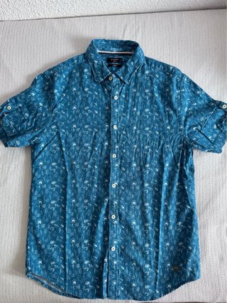 Camisa Lino Estampada Turquesa Talla M
