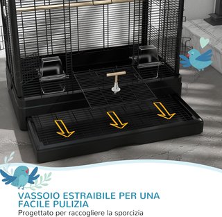 Jaula para Aves con Perchas de Madera, Voladera para Canarios y Loros de Acero con 2 Asas, Bandeja Extraíble y Comederos, 61X36.5X98 Cm, Negro