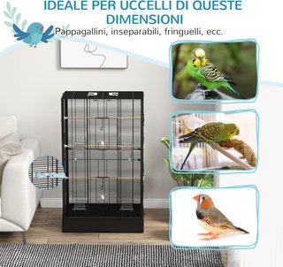 Jaula para Aves con Perchas de Madera, Voladera para Canarios y Loros de Acero con 2 Asas, Bandeja Extraíble y Comederos, 61X36.5X98 Cm, Negro