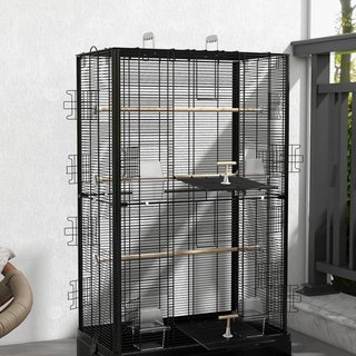 Jaula para Aves con Perchas de Madera, Voladera para Canarios y Loros de Acero con 2 Asas, Bandeja Extraíble y Comederos, 61X36.5X98 Cm, Negro