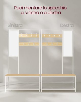 Perchero Con Zapatero, Mueble de Entrada Con Ganchos, Espejo, Banco y Estantes, 35 X 98 X 180 Cm, Pasillo Dormitorio Salón, Moderno, Color Roble y Blanco Nublado HSR415W09