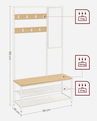 Perchero Con Zapatero, Mueble de Entrada Con Ganchos, Espejo, Banco y Estantes, 35 X 98 X 180 Cm, Pasillo Dormitorio Salón, Moderno, Color Roble y Blanco Nublado HSR415W09