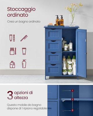 Mueble De Baño, Mueble Para Baño Estrecho, Organizador, Cajonera, Con 4 Cajones, Puerta, Estante Regulable, 30 X 55 X 82 Cm, Azul Puerto LHC041QE02