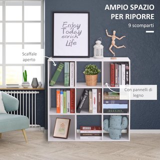 Librería Blanca para Casa y Oficina, Estantería de Diseño Moderno con 9 Compartimentos de Madera, 91X29.5X91Cm