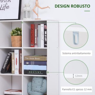 Librería Blanca para Casa y Oficina, Estantería de Diseño Moderno con 9 Compartimentos de Madera, 91X29.5X91Cm