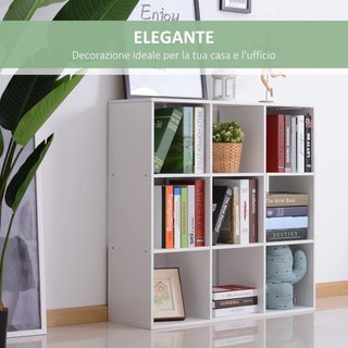 Librería Blanca para Casa y Oficina, Estantería de Diseño Moderno con 9 Compartimentos de Madera, 91X29.5X91Cm