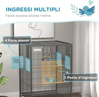 Jaula para Aves de Acero y Plástico PP con 5 Puertas, 2 Perchas, Columpio y Bandeja Extraíble, 48X46X78 Cm, Gris
