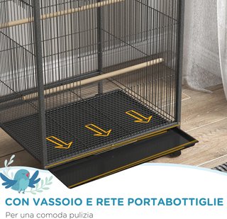 Jaula para Aves de Acero y Plástico PP con 5 Puertas, 2 Perchas, Columpio y Bandeja Extraíble, 48X46X78 Cm, Gris