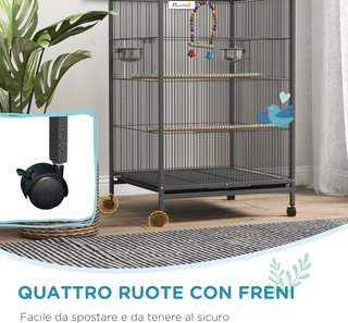 Jaula para Aves de Acero y Plástico PP con 5 Puertas, 2 Perchas, Columpio y Bandeja Extraíble, 48X46X78 Cm, Gris