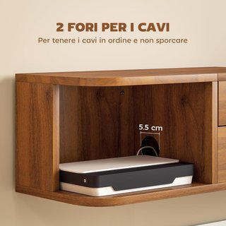 Mobile porta TV sospeso, supporto TV fino a 50" con presa di corrente, USB e tipo C, cassetto scorrevole, ripiani aperti e portacavi, per soggiorno, camera da letto, 120x24x22,4 cm, in noce