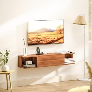 Mobile porta TV sospeso, supporto TV fino a 50" con presa di corrente, USB e tipo C, cassetto scorrevole, ripiani aperti e portacavi, per soggiorno, camera da letto, 120x24x22,4 cm, in noce