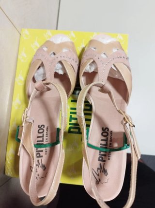 Sandalias tacón beige y rosa