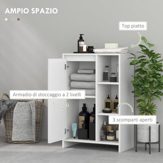 Mueble de Baño Con 3 Estantes Abiertos y Armario de Una Puerta, Mueble de Baño Con Estante Interno Regulable, 53X30X80Cm, Blanco