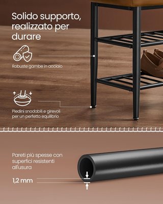 Colección EKHO - Banco Zapatero, Banco de Entrada y Dormitorio, Tapizado en PU con Costuras, Moderno de Mediados de Siglo, Capacidad 135 Kg, 30 X 80 X 50 Cm, Marrón Caramelo LSB054K01