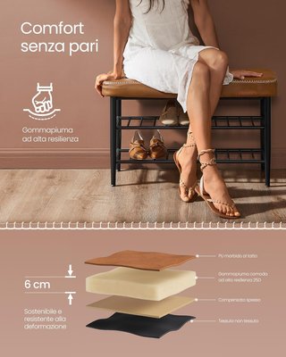 Colección EKHO - Banco Zapatero, Banco de Entrada y Dormitorio, Tapizado en PU con Costuras, Moderno de Mediados de Siglo, Capacidad 135 Kg, 30 X 80 X 50 Cm, Marrón Caramelo LSB054K01