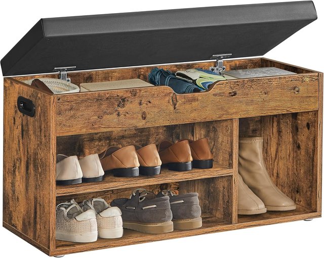 Banco Zapatero de Entrada, Banco Contenedor con Cojín Acolchado, 3 Compartimentos, Estantes, Sala de Estar, Pasillo, Dormitorio, Capacidad 136 Kg, Marrón Vintage LHS30BX