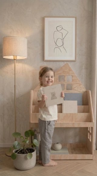 Scaffale Montessori per bambini in forma di casetta