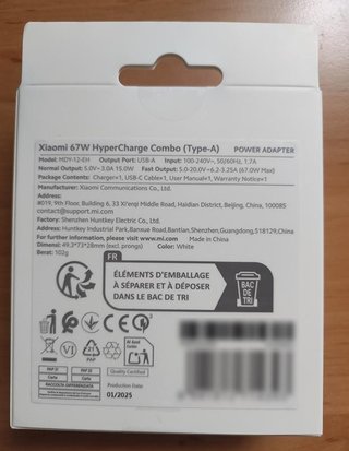 Cargador Xiaomi 67W (Tipo-A) y cable Xiaomi de 6A