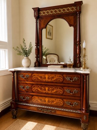 Cómoda de madera con mármol y detalles dorados