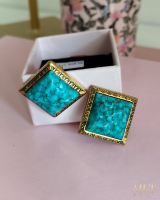 Pendientes vintage clip turquesa cuadrados