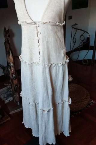 Vestito donna lungo lino beige/blu
