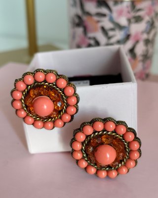 Pendientes clip vintage coral y ámbar