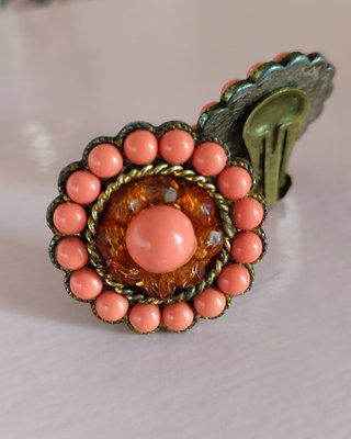 Pendientes clip vintage coral y ámbar