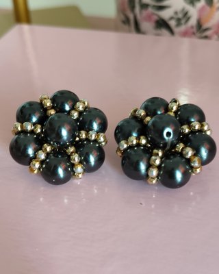 Pendientes vintage clip perlas azul oscuro y dorad