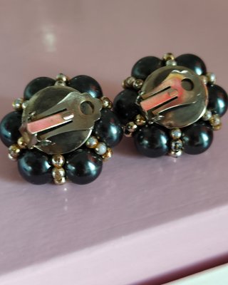 Pendientes vintage clip perlas azul oscuro y dorad