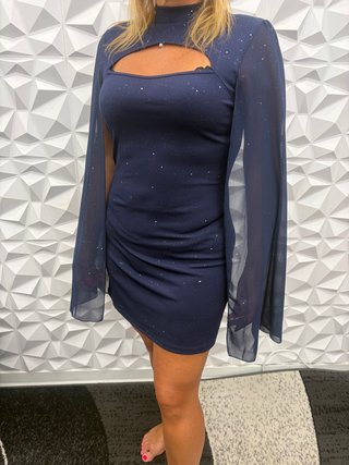 Vestito blu notte con cut-out e maniche a campana