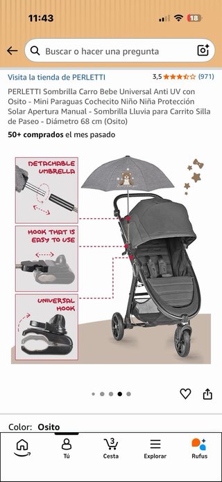 Sombrilla Perletti Carro Bebé Universal Osito